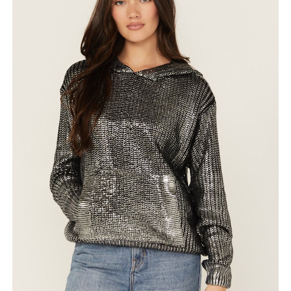 Revel Sequin Metallic Hoodie Silver and Black Size M